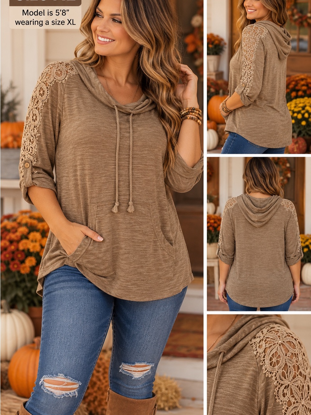 Chance or Fate Lace-Shoulder Hooded Pullover - Brown